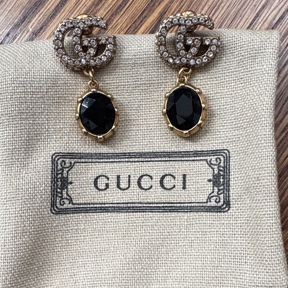 Gucci Gold and Black Crystal Drop Earrings